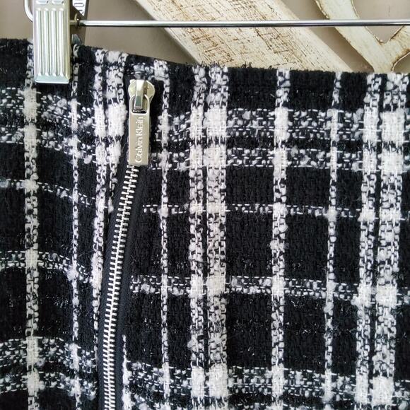 Calvin Klein Women's Plaid Tweed Woven Zipper A-Line Skirt Black White Metallic - Picture 3 of 7